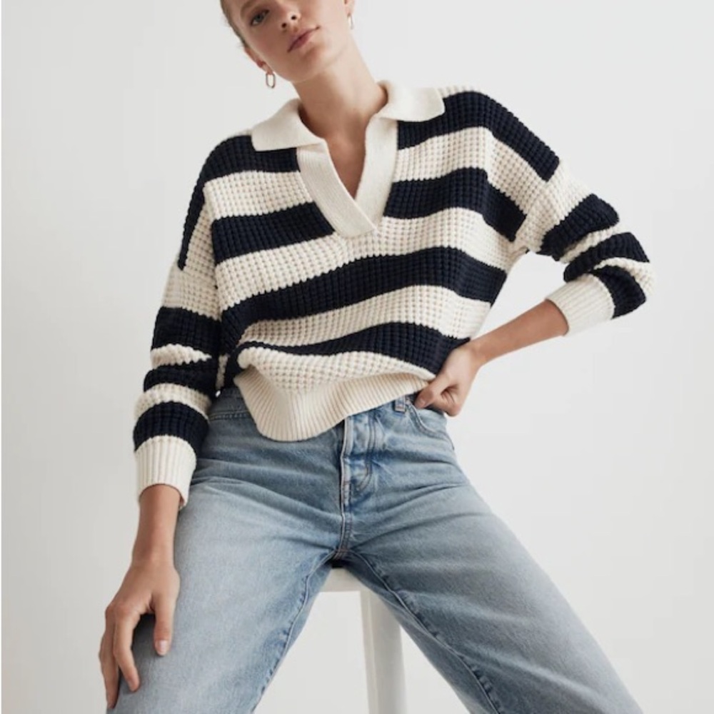 Madewell V-Neck Sweater - Navy and Cream Stripes
